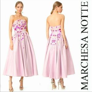 Marchesa Notte Midi Floral Embroidered Lilac Dress